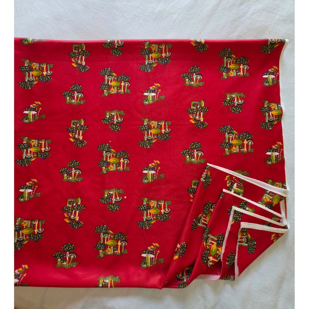 Vintage Red Mushroom Print Fabric 5.46 Yards Canvas Novelty Toadstool Retro
